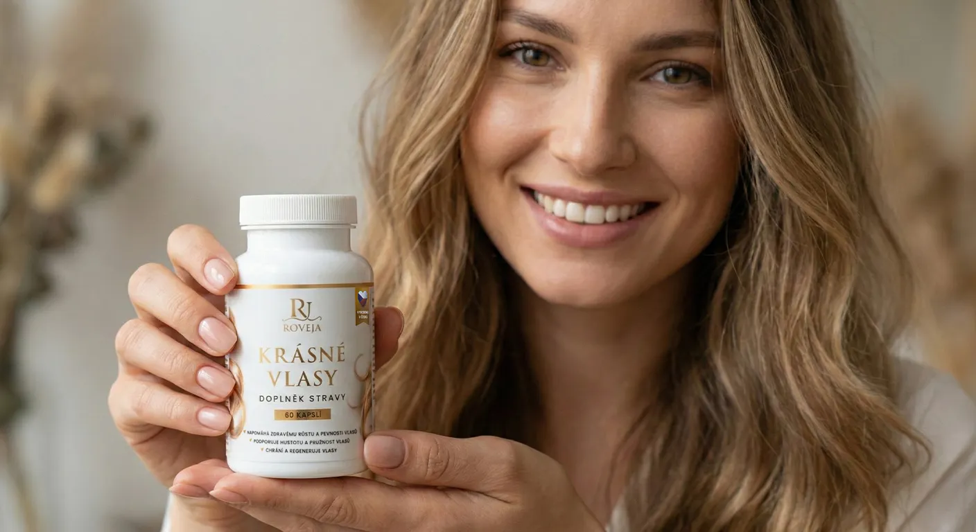 Žena s úsměvem držící doplněk Krásné vlasy – Roveja